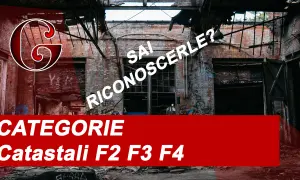 Interno di un edificio abbandonato con mattoni a vista e graffiti. Testo: "CATEGORIE Catastali F2 F3 F4".