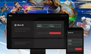 Postacie z gier Riot Games na tle ekranów z interfejsem Riot ID.