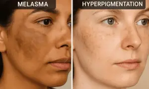 Porównanie twarzy: po lewej melasma, po prawej przebarwienia na twarzy.