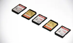 Cinque schede SD SanDisk da 32 GB disposte in diagonale. Utili per espandere la memoria di dispositivi, scopri cos'è una scheda SD.
