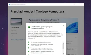 Przegląd kondycji komputera: system Windows 11 jest dostępny, ponieważ komputer spełnia wymagania. Sprawdzono procesor, TPM i RAM.