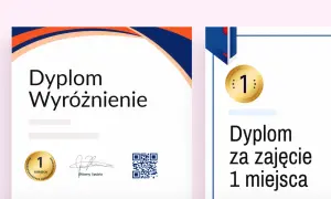 Dwa dyplomy: jeden z napisem "Dyplom Wyróżnienie" i medalem "1 miejsce", drugi z napisem "Dyplom za zajęcie 1 miejsca".