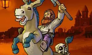 Zabawny osioł z czaszką na ogonie i brodaty mężczyzna z siekierą, jakby z gry Graveyard Keeper poradnik.