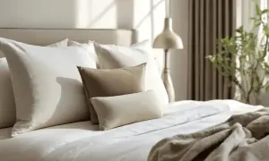 Eleganckie łóżko z białymi i beżowymi poduszkami, pokazujące, jak ułożyć poduszki na łóżku dla przytulnego wyglądu.
