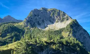 Sonnenbeschienene Hänge und felsige Gipfel prägen die Landschaft bei einer rubihorn wanderung. Grüne Nadelbäume und Almwiesen unter blauem Himmel.