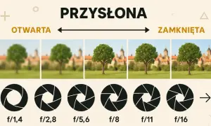 Ilustracja pokazuje, jak preselekcja przysłony wpływa na głębię ostrości. Od otwartej (f/1,4) do zamkniętej (f/16), tło staje się coraz bardziej ostre.