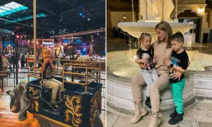 Dzieci cieszą się atrakcjami w Łodzi: dziewczynka na karuzeli w kształcie słonia, a mama z dwójką dzieci przy fontannie.
