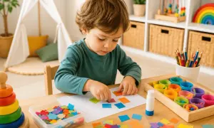 Niño de 3 años creando arte con papelitos de colores. Divertidas actividades para niños de 3 años, fomentando la creatividad y motricidad fina.
