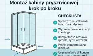 Ilustracja przedstawia montaż kabiny prysznicowej krok po kroku. Widoczna jest gotowa kabina z drzwiczkami oraz lista kontrolna z etapami instalacji.