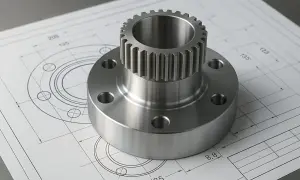 Precyzyjny element metalowy, zębatka na kołnierzu, leży na rysunku technicznym. To efekt zaawansowanej produkcji CNC.