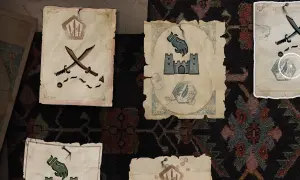 Fragmenty map z symbolami i wskazówkami do zagadek w Assassin's Creed Mirage.
