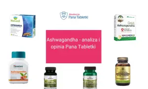 Różne opakowania suplementów z ashwagandhą, w tym od Naturell, Olimp Labs, Himalaya, Swanson i Solgar. Analiza i opinia Pana Tabletki.