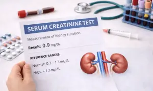 Wynik badania kreatyniny 0.9 mg/dL, wskazujący na prawidłową funkcję nerek, nawet przy jednej nerce.