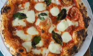 Eine perfekt gebackene Pizza Margherita mit geschmolzenem Mozzarella und frischem Basilikum.