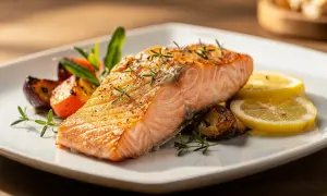 Pavé de saumon au four, doré et savoureux, servi avec des légumes rôtis et des quartiers de citron.