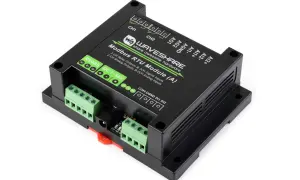 Moduł Waveshare z interfejsem RS485, obsługujący protokół Modbus RTU. Posiada 2 wyjścia przekaźnikowe, 2 wejścia cyfrowe, 2 wyjścia analogowe i 2 wejścia analogowe.