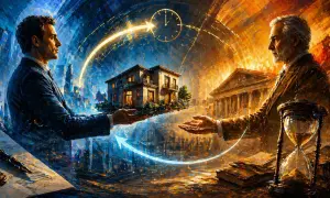 Due uomini si scambiano una casa, simboleggiando una vendita casa con riscatto. Un orologio e una clessidra indicano il tempo.