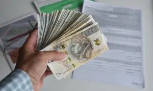 Dłoń trzyma plik banknotów 200 zł, symbolizujących zarobki, być może nawet najniższą krajową netto, na tle dokumentów.