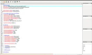 Edytor kodu XML pokazuje, jak otworzyć plik XML z kodem Android Layout. Widoczne są tagi takie jak RelativeLayout, ScrollView i TableLayout.
