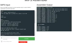 Interfejs MIPS Assembler z polem na kod i jego przetworzeniem. Widoczny jest kod w języku skryptowym MIPS i jego wynik.