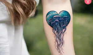 Tatuaż z meduzami w kształcie serca na ramieniu.