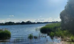 Chłopiec z podbierakiem na pomoście nad jeziorem Marianowo. Słoneczny dzień, błękitne niebo z chmurkami.