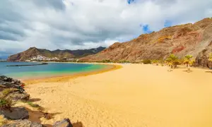 Złocista plaża Playa de las Teresitas z palmami i turkusową wodą, w tle góry i kolorowe domki.