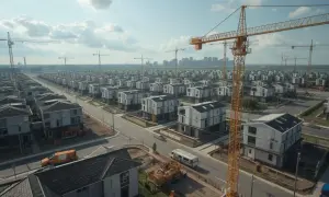 Osiedle domów w budowie, dźwigi budowlane. Czy to inwestycja z fundusz powierniczy co to?