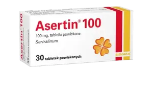 Opakowanie leku Asertin 100, zawierającego sertralinę. 30 tabletek powlekanych.