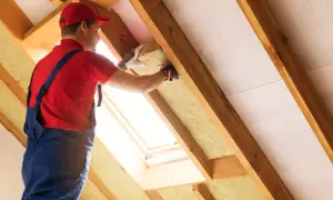 Pracownik w czerwonej czapce i granatowym ogrodniczkach układa wełnę mineralną na poddaszu, tworząc ciepłą i przytulną przestrzeń.