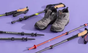 Bottes de randonnée et bâtons variés, illustrant la différence entre bâton de randonnée et marche nordique.