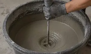 Mano guantata mescola cemento in un secchio, un passo fondamentale per imparare come fare stampi per cemento.
