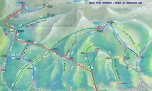 Mapa szlaków turystycznych Tatr Polskich. Kolorowe linie pokazują trasy Tatry, łącząc popularne punkty jak Morskie Oko, Dolina Kościeliska i Kuźnice.