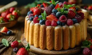 Charlotte aux fruits, un délice visuel et gustatif, ornée de fraises, framboises et myrtilles fraîches, sur un lit de crème onctueuse.