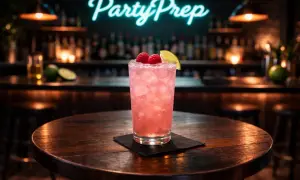 En rosa p2 drink med hallon och lime på ett träbord. Bakom syns en bar med neonskylten "PartyPrep".