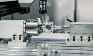 Precyzyjne frezowanie metalowego elementu na maszynie CNC. To jeden z zaawansowanych rodzajów obróbki skrawaniem, tworzący skomplikowane kształty.