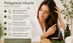 Kobieta wykonuje pielęgnację włosów krok po kroku: dobiera szampon, oczyszcza skórę głowy, nawilża, chroni i dba o organizm od wewnątrz.