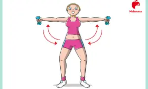Donna con manubri che esegue un esercizio per i muscoli braccia donne. Movimento circolare con frecce rosse.