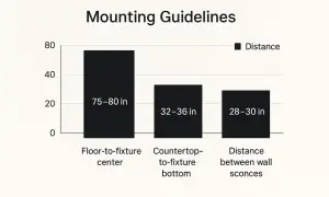 Bar chart showing mounting guidelines. The ideal vanity light height from the floor to the fixture center is 75-80 inches.