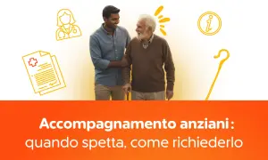 Giovane uomo aiuta un anziano a camminare. Illustrazioni di medico, documenti e bastone da passeggio suggeriscono un accompagnamento anziani senza 104.