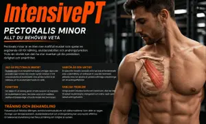 Muskeln pectoralis minor, som kan ge kramp i revbenen, visas på en man. Texten förklarar dess funktion och vikten av träning.