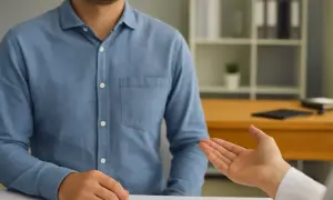 Dwie osoby przy stole, jedna mówi, druga słucha.