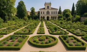 Geometryczny ogród botaniczny w Padwie z okazałym budynkiem w tle.