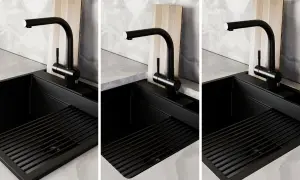 Nowoczesny czarny zlew z baterią i deską do krojenia. Dowiedz się, jak przymocować zlew do szafki, by stworzyć funkcjonalną kuchnię.
