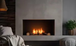 Przytulny salon z kominkiem z płaszczem wodnym, gdzie płomienie tańczą na drewnie. Miękki koc i poduszka zapraszają do relaksu.