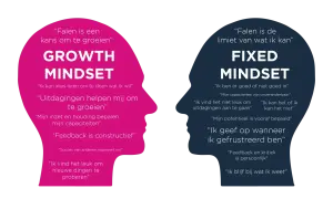 Twee profielen, één met 'Growth Mindset' en positieve quotes, de ander met 'Fixed Mindset' en beperkende overtuigingen.