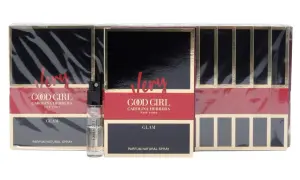 Zestaw próbek perfum Good Girl Carolina Herrera w wersji Glam. Eleganckie opakowania z czarnymi i czerwonymi akcentami.