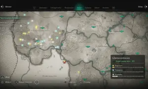 Mapa z gry Assassin's Creed Valhalla. Poradnik pokazuje lokację Glowecestre w regionie Glowecestrescire, gdzie należy odszukać Gunnara.