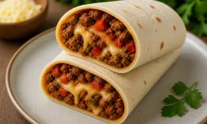 Pyszna tortilla z mięsem mielonym i roztopionym serem, zapiekana w piekarniku. Idealna na szybki obiad.