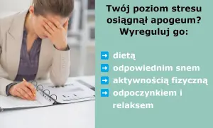 Kobieta z ręką na czole, zestresowana. Obok tekst: "Twój poziom stresu osiągnął apogeum? Wyreguluj go: dietą, snem, aktywnością, odpoczynkiem". Kortyzol za co odpowiada? Za stres.